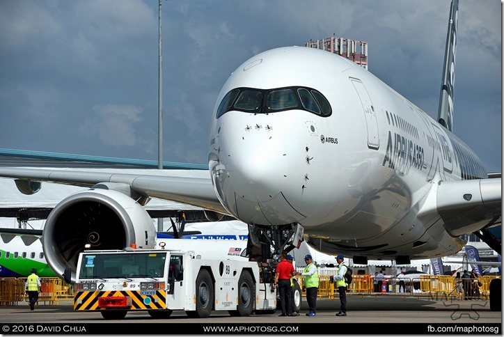 Preparing to tow the A350 out of Static Display