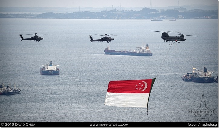 CH47 Chinook with 2 Apache escorts flying the Singapore Flag during NDP2015