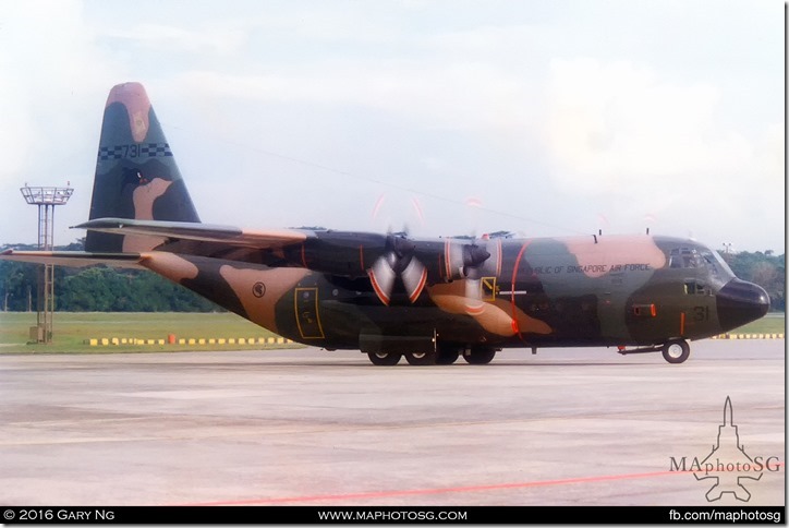 Lockheed C-130H taxiing out for takeoff with SAF Commando freefallers onboard, RSAF Open House, Paya Lebar Airbase, September 1998