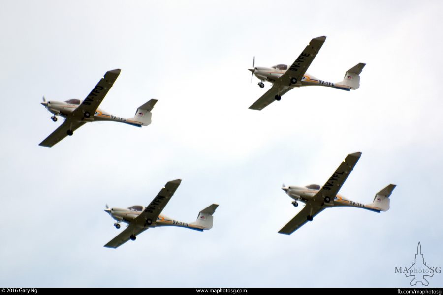 Four Diamond DA40 CS in a box formation flypast, RSAF Open House, Paya Lebar Airbase, May 2011