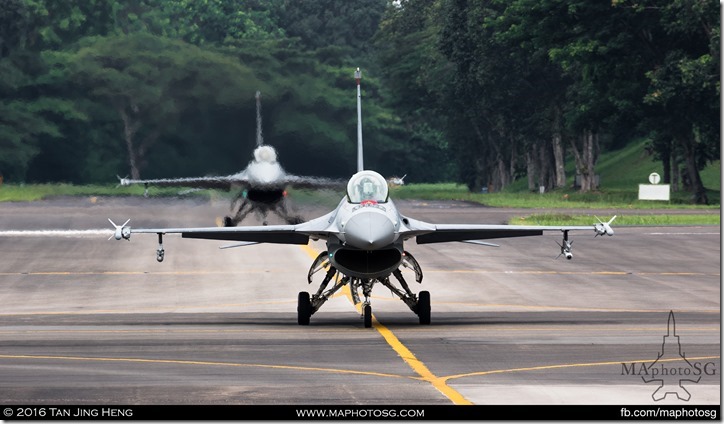 2 F-16Cs Taxi from shelters to position for the demonstration