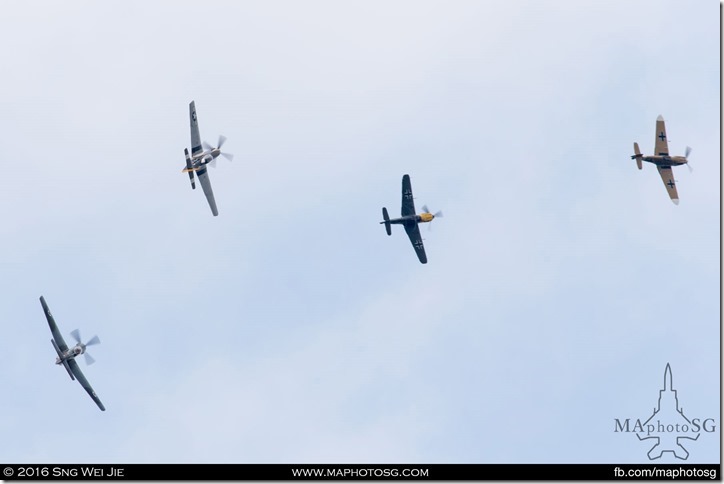 North American P-51D Mustang, North American TF-51D Mustang and two Hispano Buchón (Messerschmitt Bf 109) in simulated dogfight.