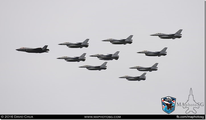 F-35A (F-001) Leads the finale fly pass of 9 F-16AM/BM