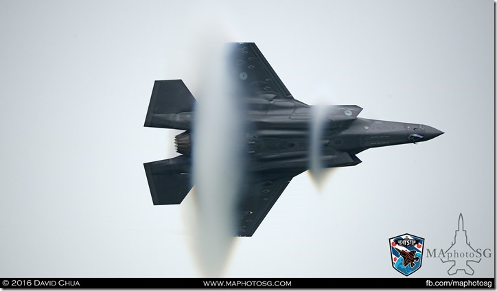 Condensation cones as the F-35A does a high G maneuver in very dense atmospheric conditions