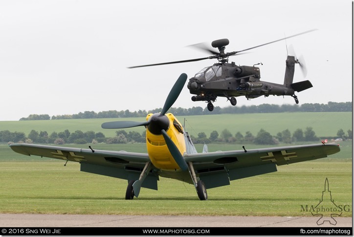 Hispano Buchón (Messerschmitt Bf 109) with a AugustaWestland Apache AH Mk I of the 3 Regiment Army Air Corps, 