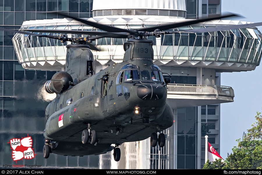 RSAF CH-47D Chinook hovering towards water surface during NDP 2017 rehersal