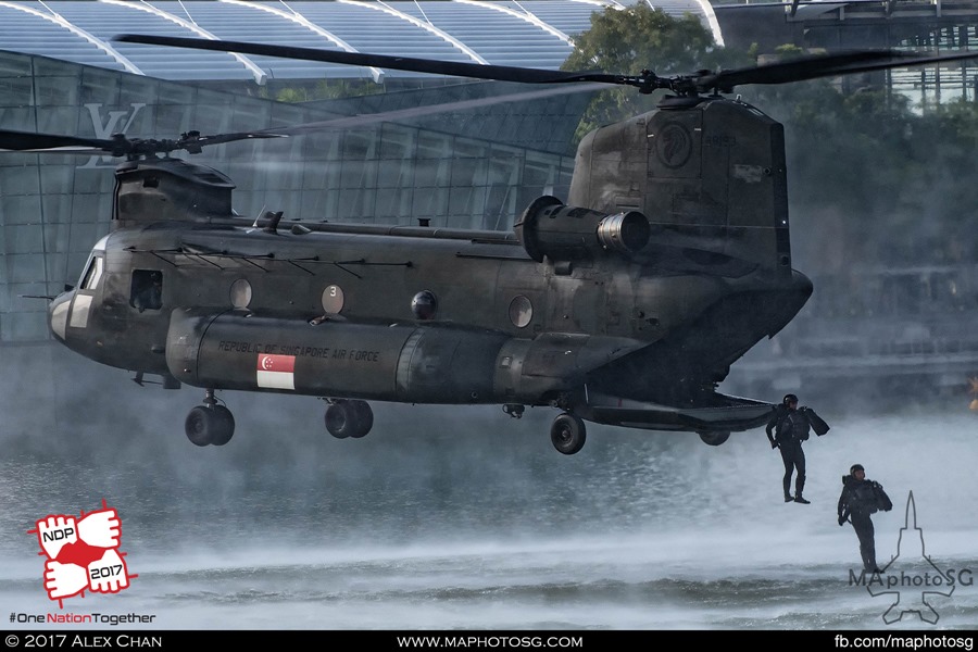 RSAF NDP 2017: Navy Divers deploying from the rear ramp of the RSAF CH-47D Chinook