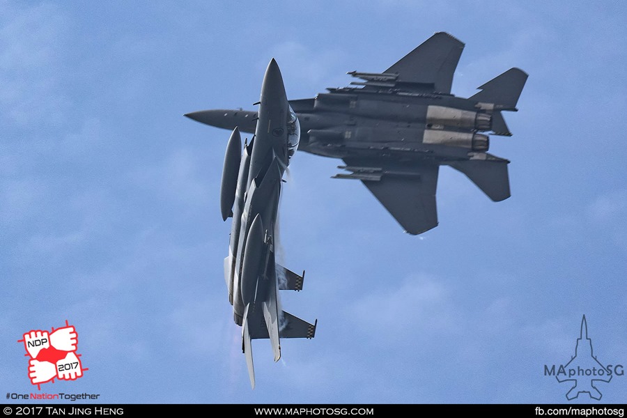 RSAF F-15SG Strike Eagles Cross Over during NDP 2017 rehearsal on 6 June 2017