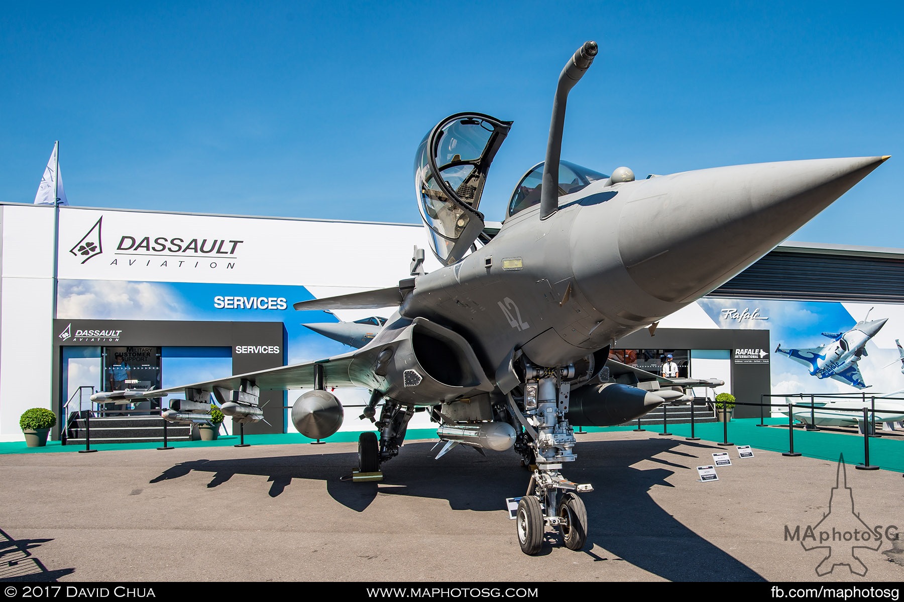 11. Static Display of the Dassault Aviation Rafale C fighter loaded with missiles and fuel tanks.