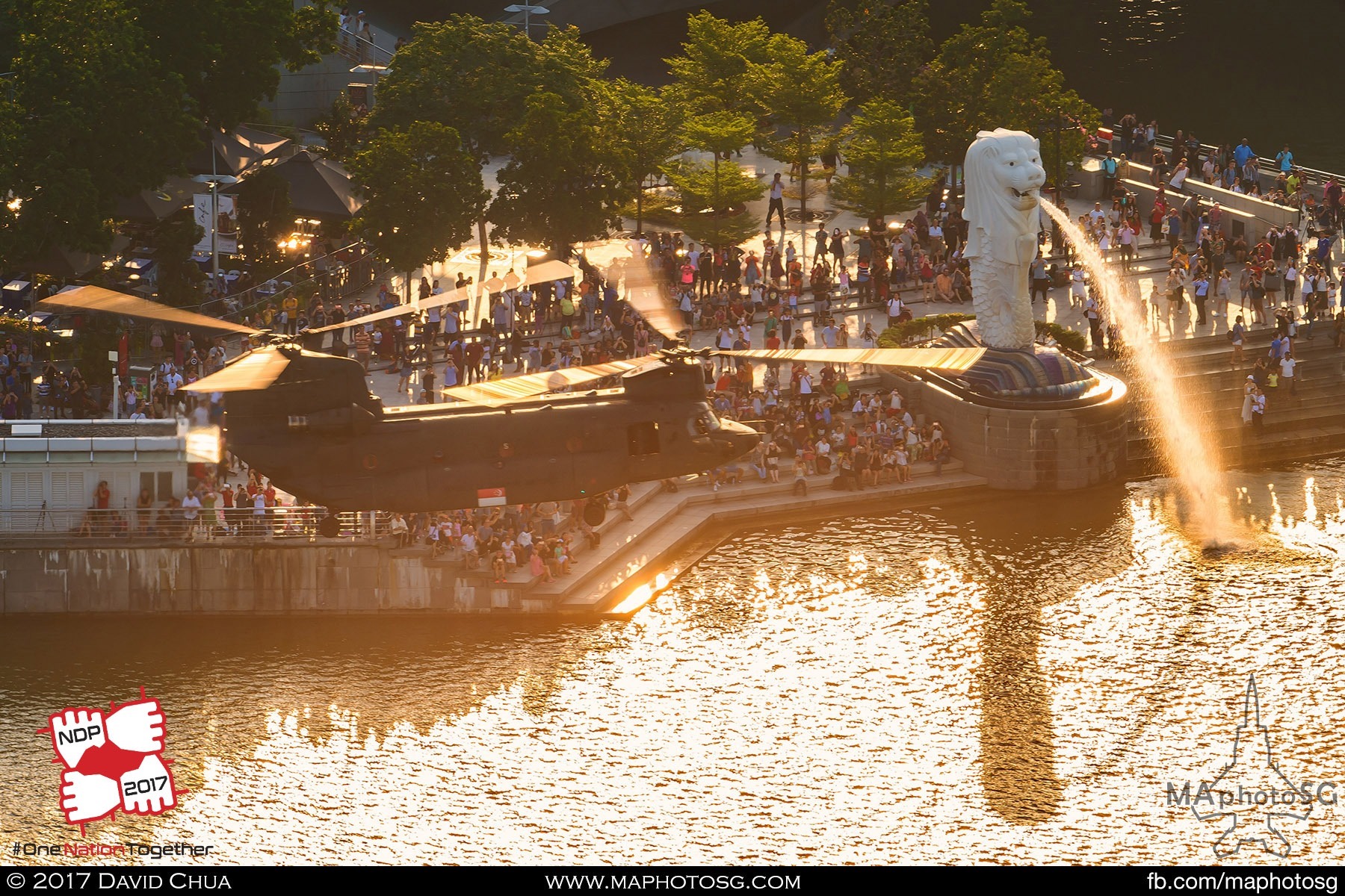 10. A CH-47D Chinook of 127 Squadron prepares to insert Navy Divers as it flies pass the Merlion bathed in golden light from the setting sun