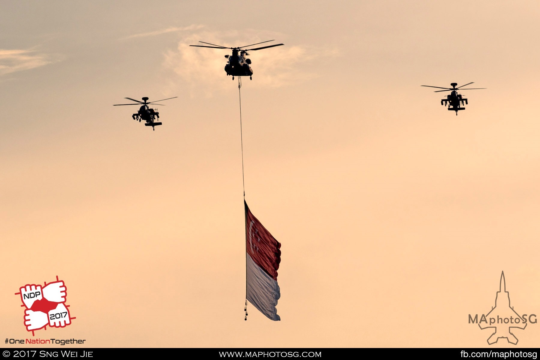 19. RSAF CH-47D Chinook escorted by 2 AH-64D Apache Longbows flies the massive state flag as the National Anthem is being sang.