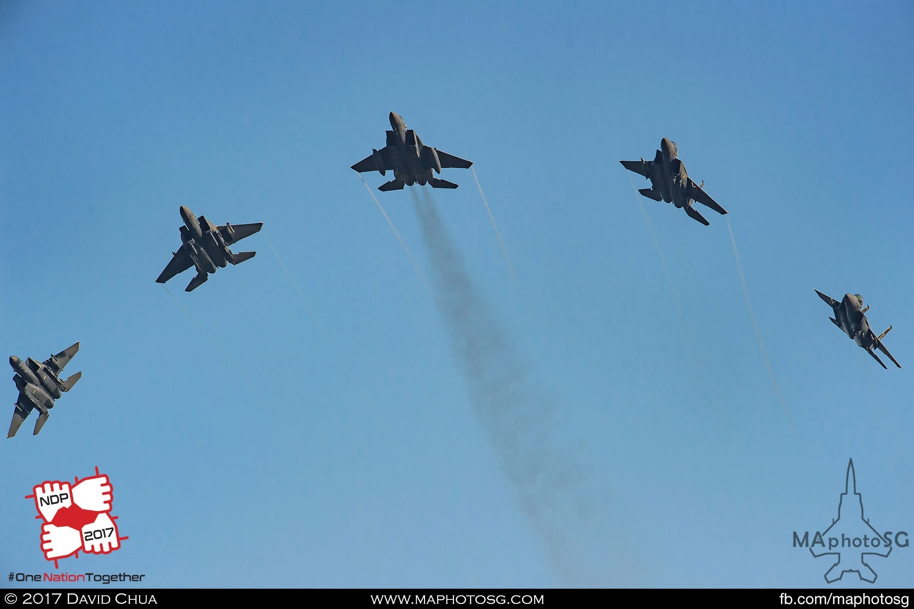 22. Five F-15SG Strike Eagles from 149 Squadron breaks as they performs the bomb burst maneuver.