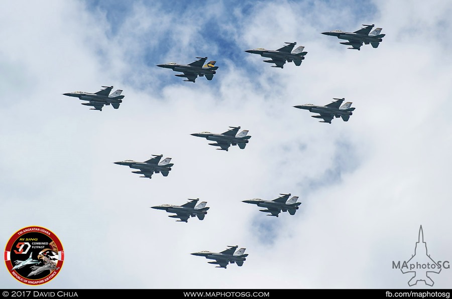 Lead arrow formation of ten F-16s from RSAF 140 and 143 SQN