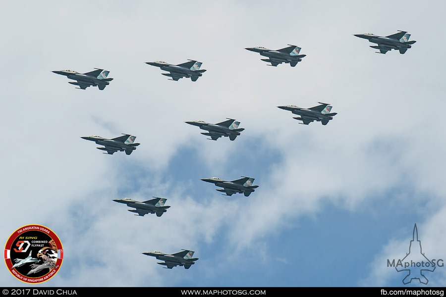 Arrow formation of ten TNI-AU F-16s from Skadron Udara 3 and 16