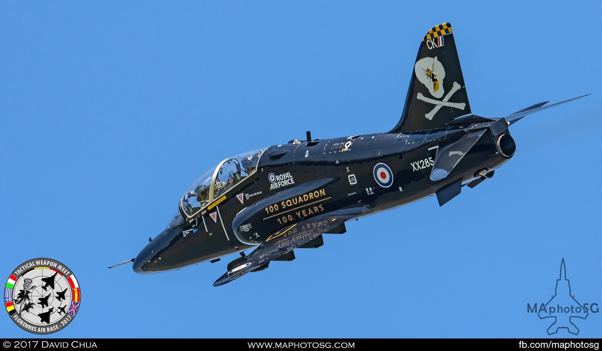 6. Providing Aggressor Support are a pair of Royal Air Force Hawk T1s. Here, aircraft XX285 from No 100 Squadron flies past showing off it’s 100 Years livery.