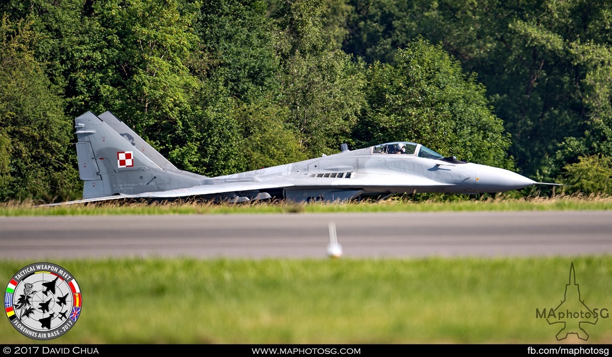 8. Polish Air Force MIG-29 Fulcrum (89) from its 1st Tactical Squadron taxis below the runway to take off.