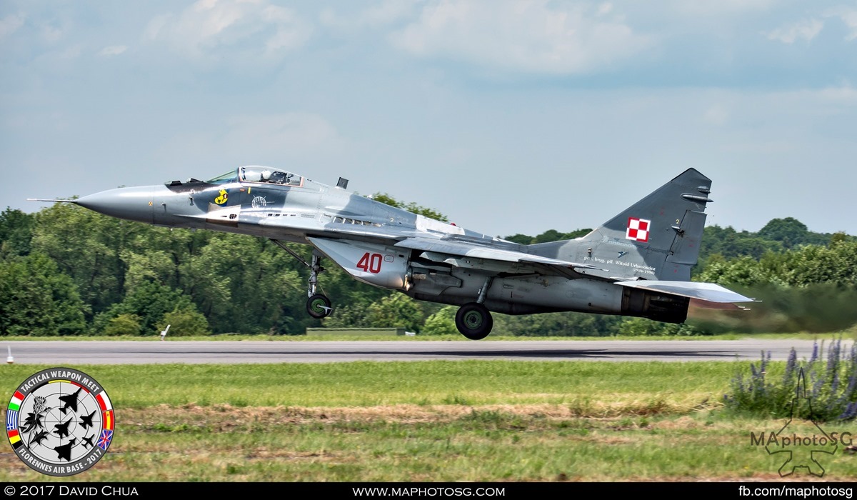 9. Polish Air Force MIG-29 Fulcrum (40) from its 1st Tactical Squadron takes off with full afterburners.