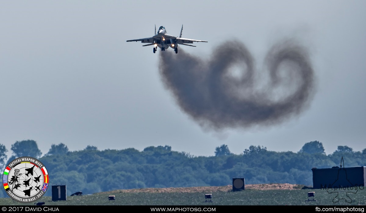 13. Curly exhaust smoke as the Polish Air Force MIG-29 Fulcrum prepares to land.