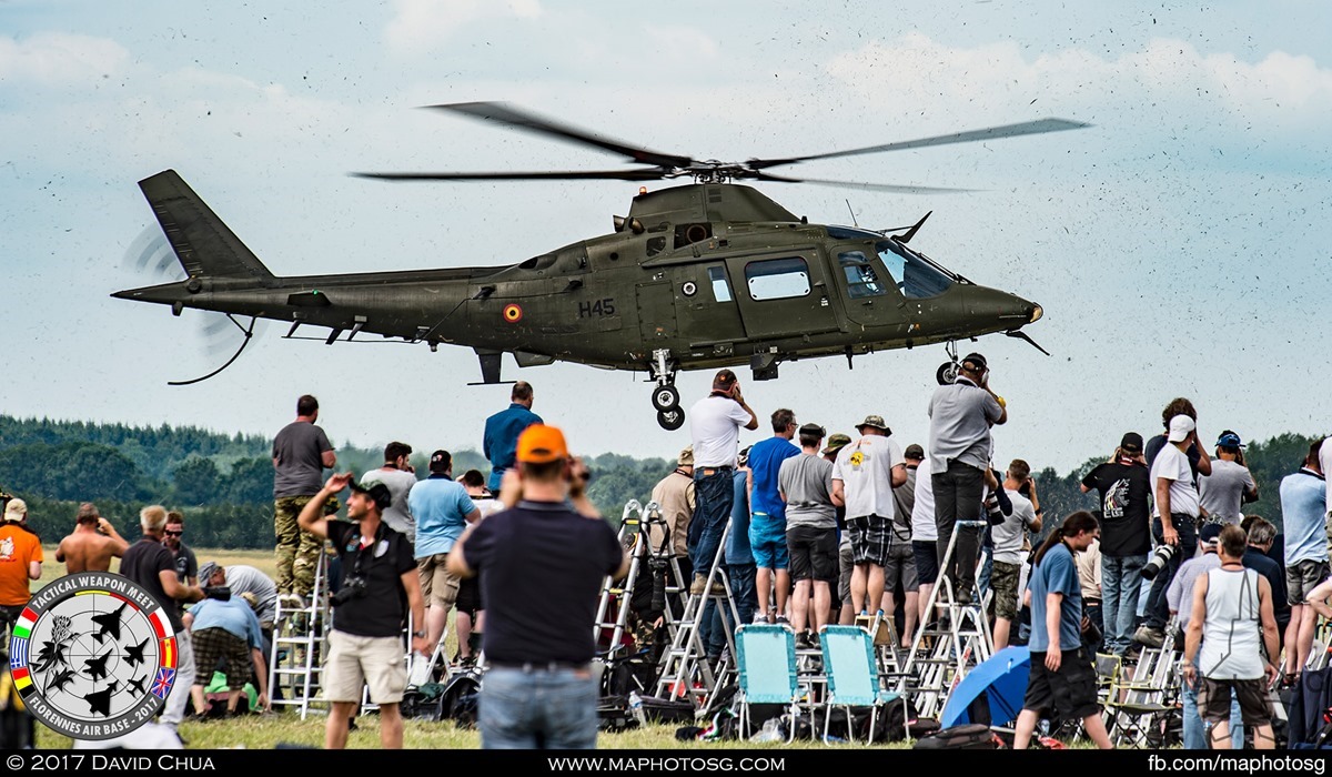 14. Belgian Air Force 17 Squadron Agusta A109BA (H45) make a dramatic exit from the event with a low pass over the crowd.