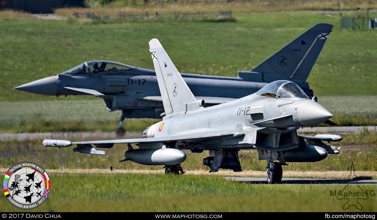 27. A Pair of Spanish Air Force Eurofighter Typhoons of Ala 11 taxis for take off