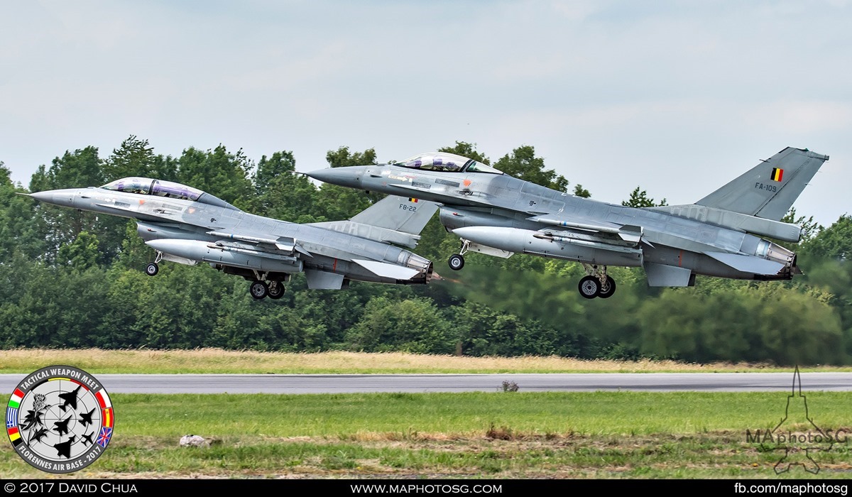34. Belgian Air Force F-16A/B MLUs (FA-109 and FB-22) takes off together in one of the afternoon sessions.
