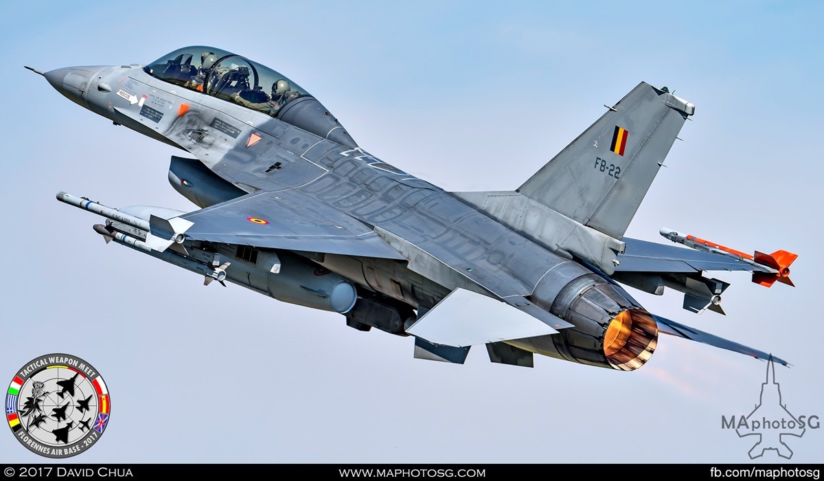 36. Belgian Air Force F-16B MLU (FB-22)  with full afterburners.