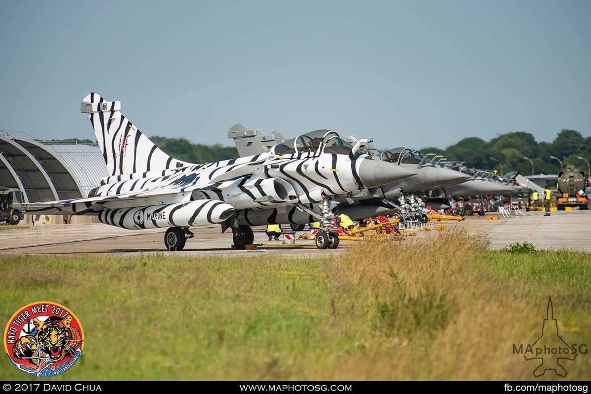 French Navy Flottille 11F Rafale M White Tiger Livery on the ramp as the day ends.