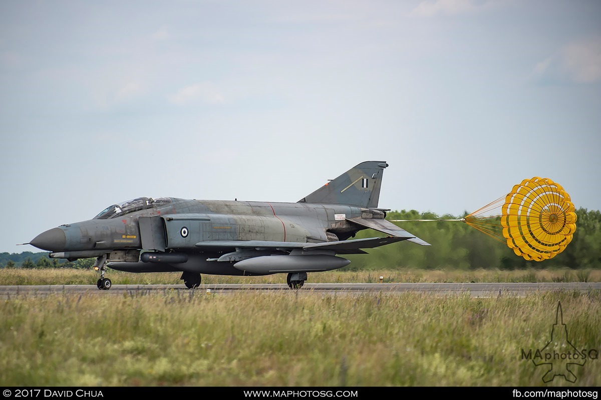 Hellenic Air Force F-4E Phantom II (01534) with drogue chute deployed as it slows down after touching down at Florennes Air Base