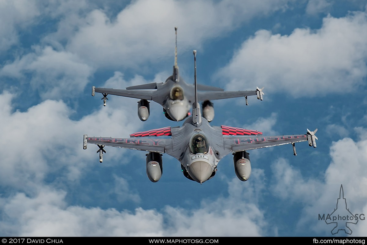 F-16s from RSAF’s 140 Squadron (front) and 143 Squadron (back) during rehearsal for the RISING50 flypast 