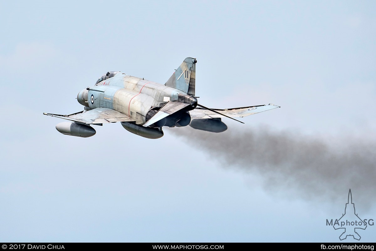 Distinctive smoke trail of the J79 engines as Phantom 01512 pulls up after getting airborne