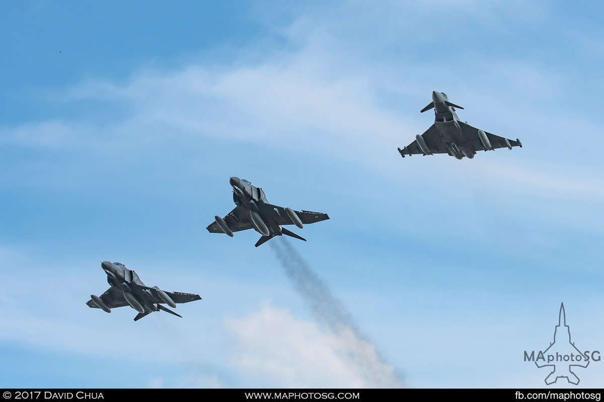 The old and the new, a formation of Phantoms and Eurofighter flies overhead as they return to base during Tactical Weapon Meet 2017