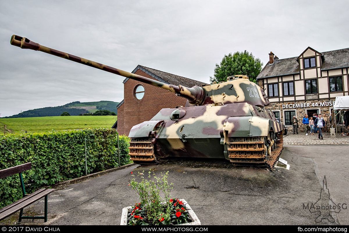 Kampfgruppe Peiper’s Tiger II 213 stands guard in front of the December 44 Museum at La Gleize.