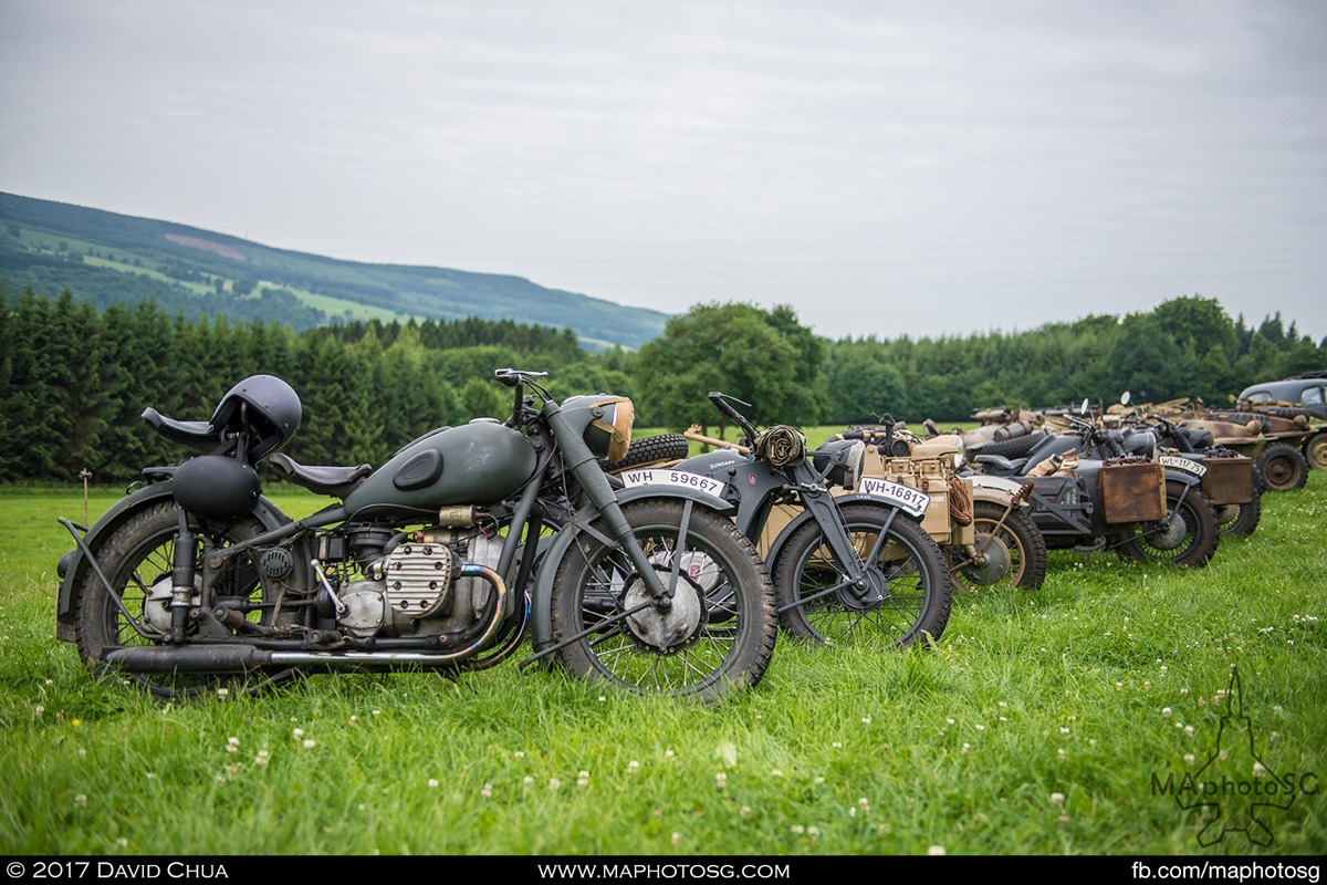 Rows of WWII motorcycles and vehicles that are taking part in the vehicle exposition during the La Gieize Show 2017