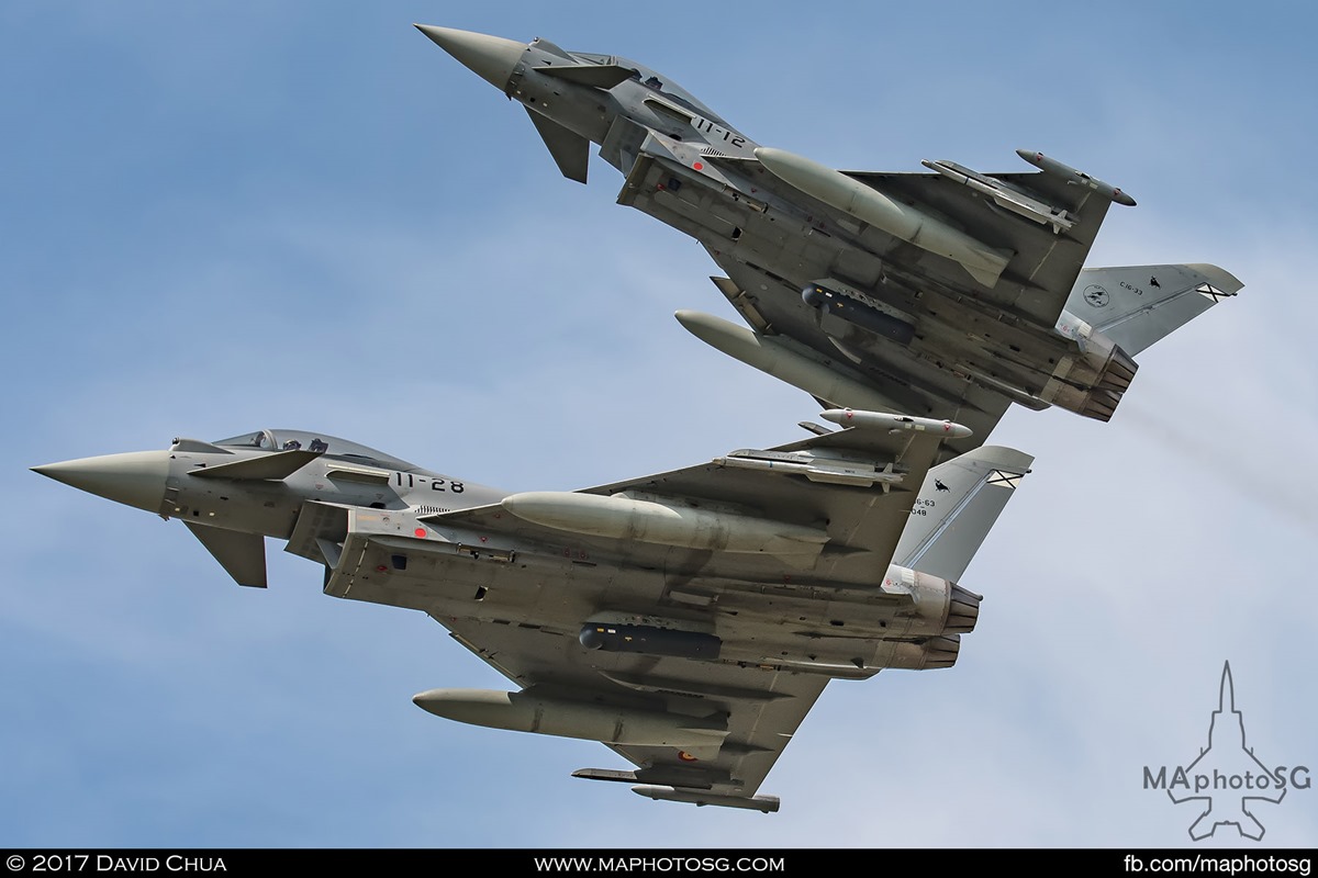 Two Eurofighters of the Spanish Air Force breaks formation as they fly past the Florennes Air Base.