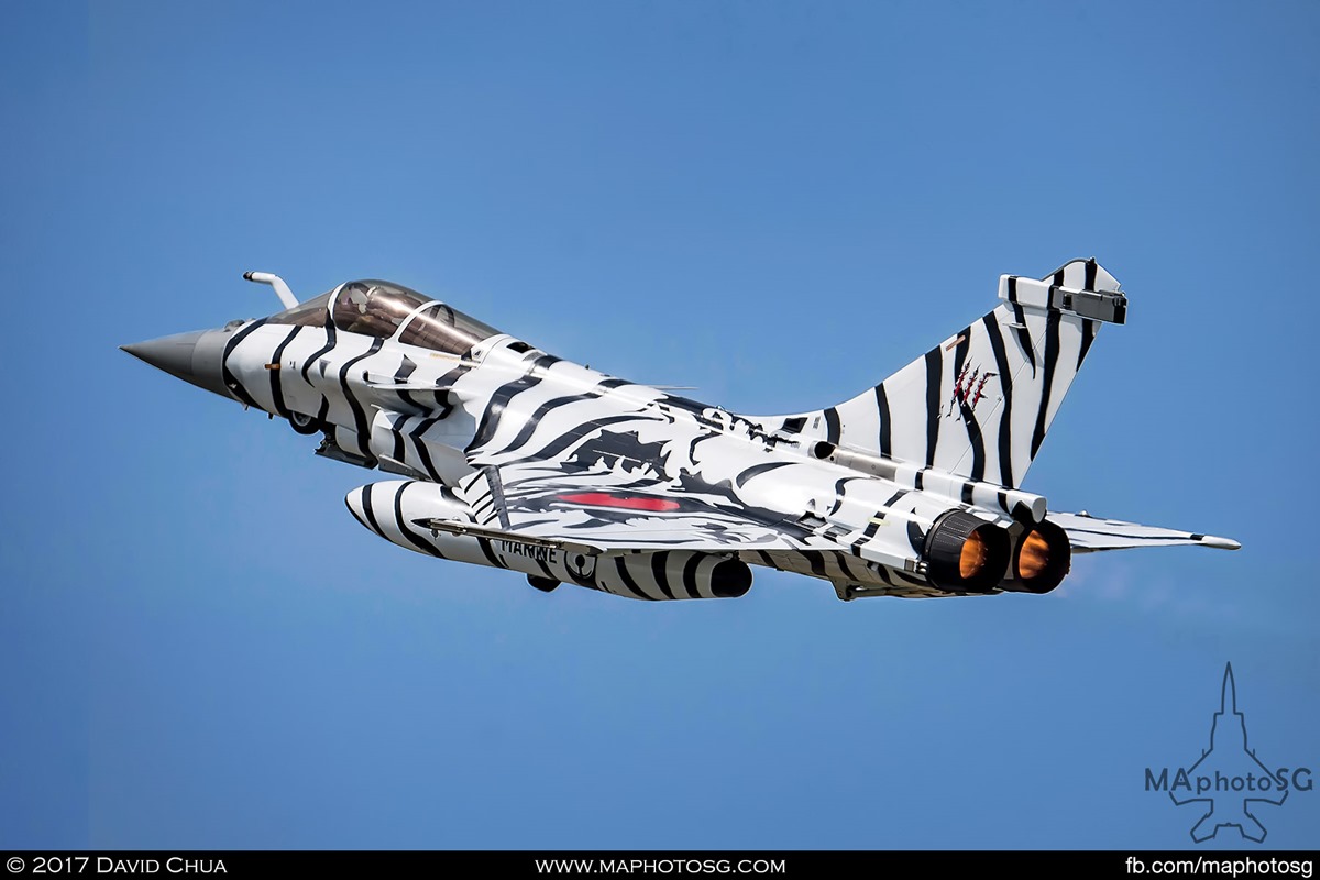 French Navy Flottille 11F Rafale M (36) in White Tiger livery takes off in full afterburner during NATO Tiger Meet 2017 at BAN Landivisiau