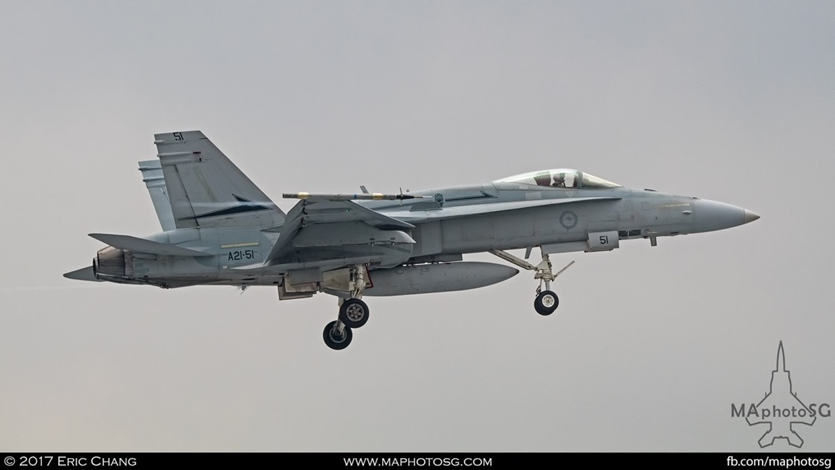An RAAF F18 returning to PLAB after training