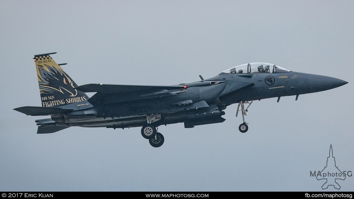 RSAF F-15SG Strike Eagle from 149SQN "Shikra" sporting Top Ace challenge tail flash.