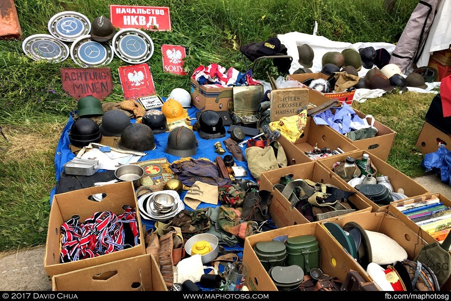 Lots of personal equipment and also Mercedes Benz wheel hubs and a “Danger Mine” sign