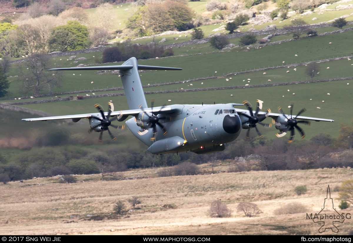 RAF A400M makes a pass in the Mach Loop in Wales