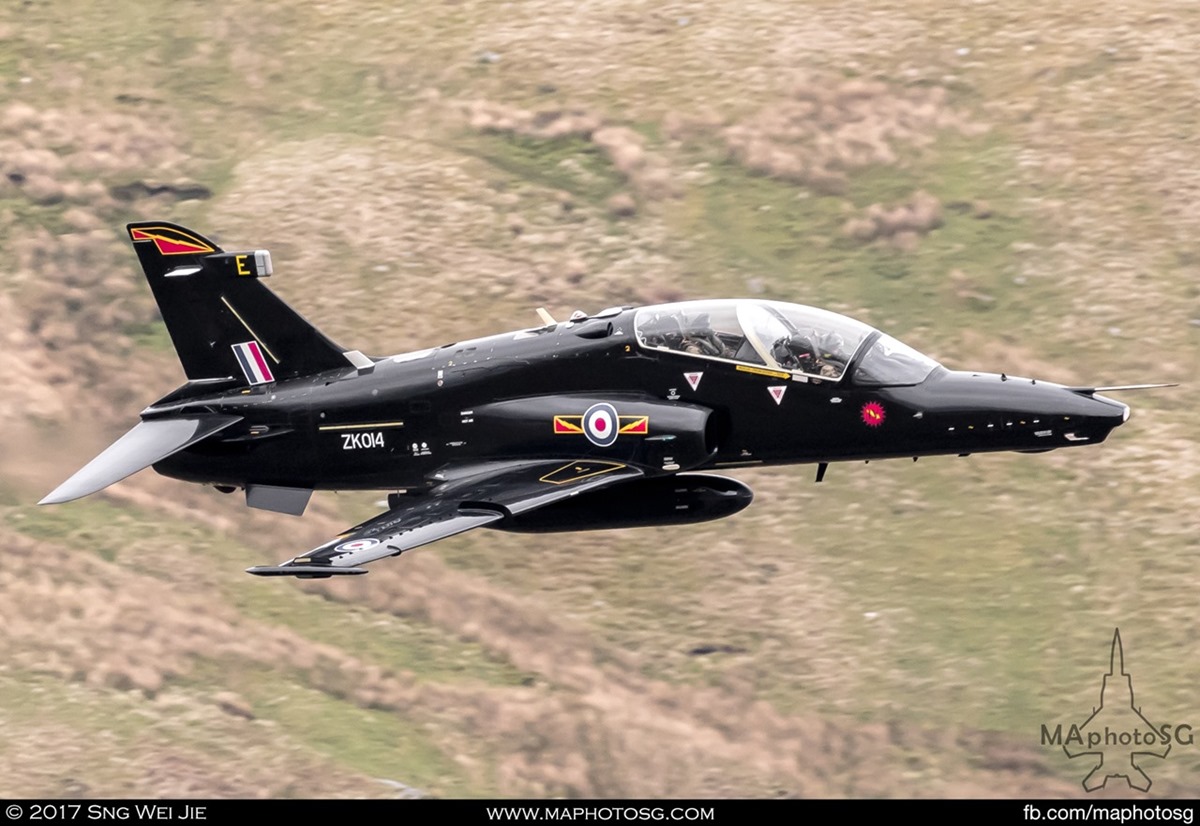RAF Hawk T.2 in the valley of the Wales low-level training area