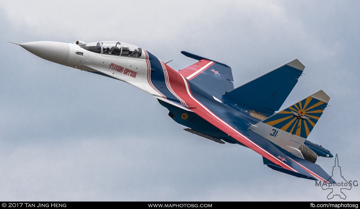 Russian Knights performing for the first time in their new SU-30SM Flanker-C aircraft at LIMA 2017