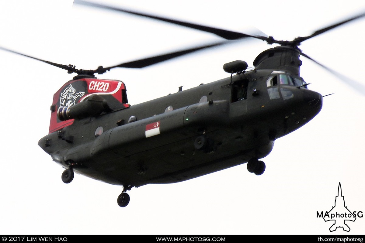 RSAF's Chinook with commemorative tail flash - 20 years of chinook operations - transiting to training area.