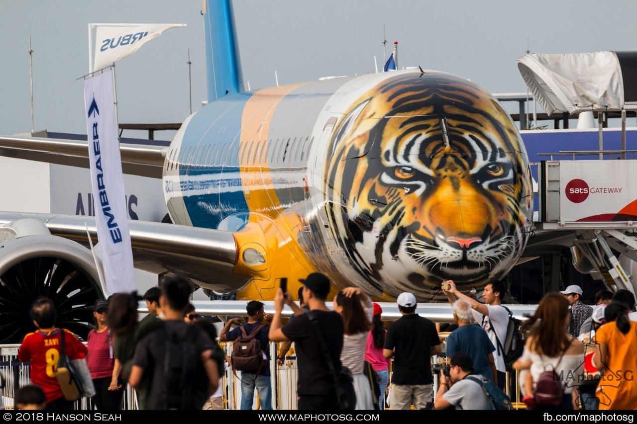 Embraer E190-E2 "Profit Hunter" with special tiger livery on static display