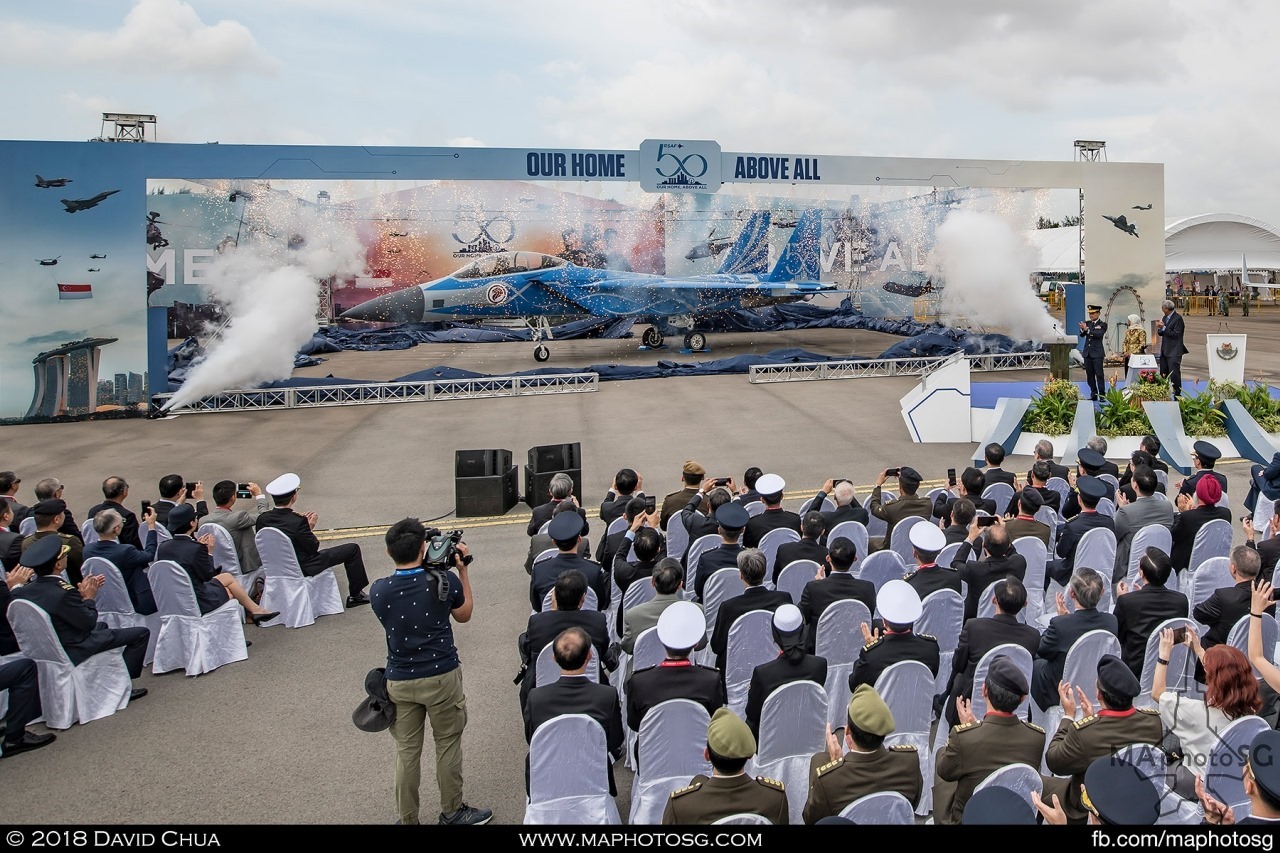 President Halimah Yacob unveils the special RSAF50 Livery F-15SG at a ceremony on the 7 Feb 2018