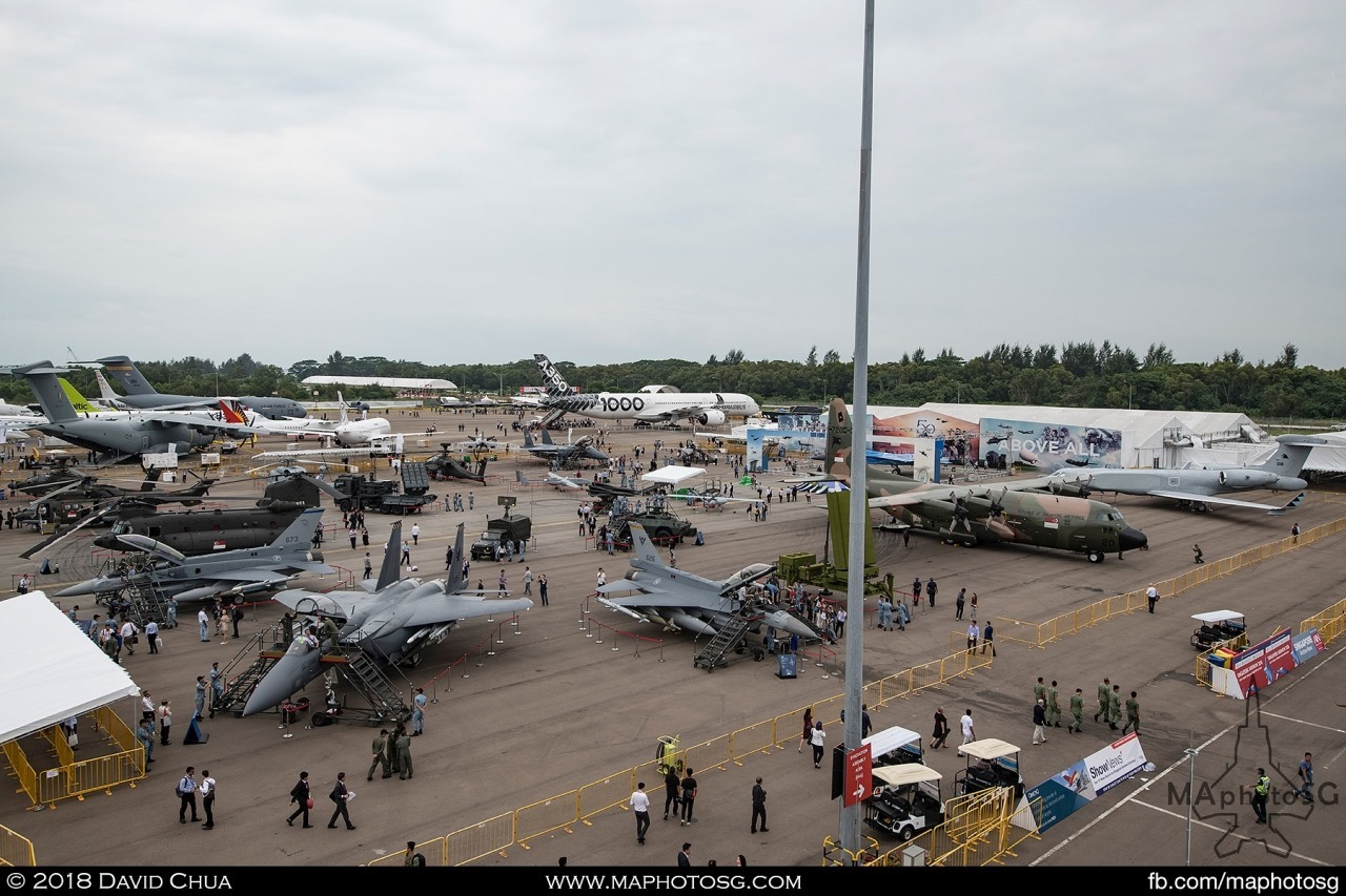 Overview of the Static Aircraft Display Area. RSAF assets in the foreground and the Airbus A350-1000 in the background