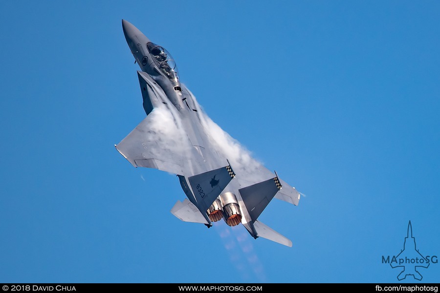 F-15SG climbs with afterburner as it performs the Horizontal 8 manoeuvre