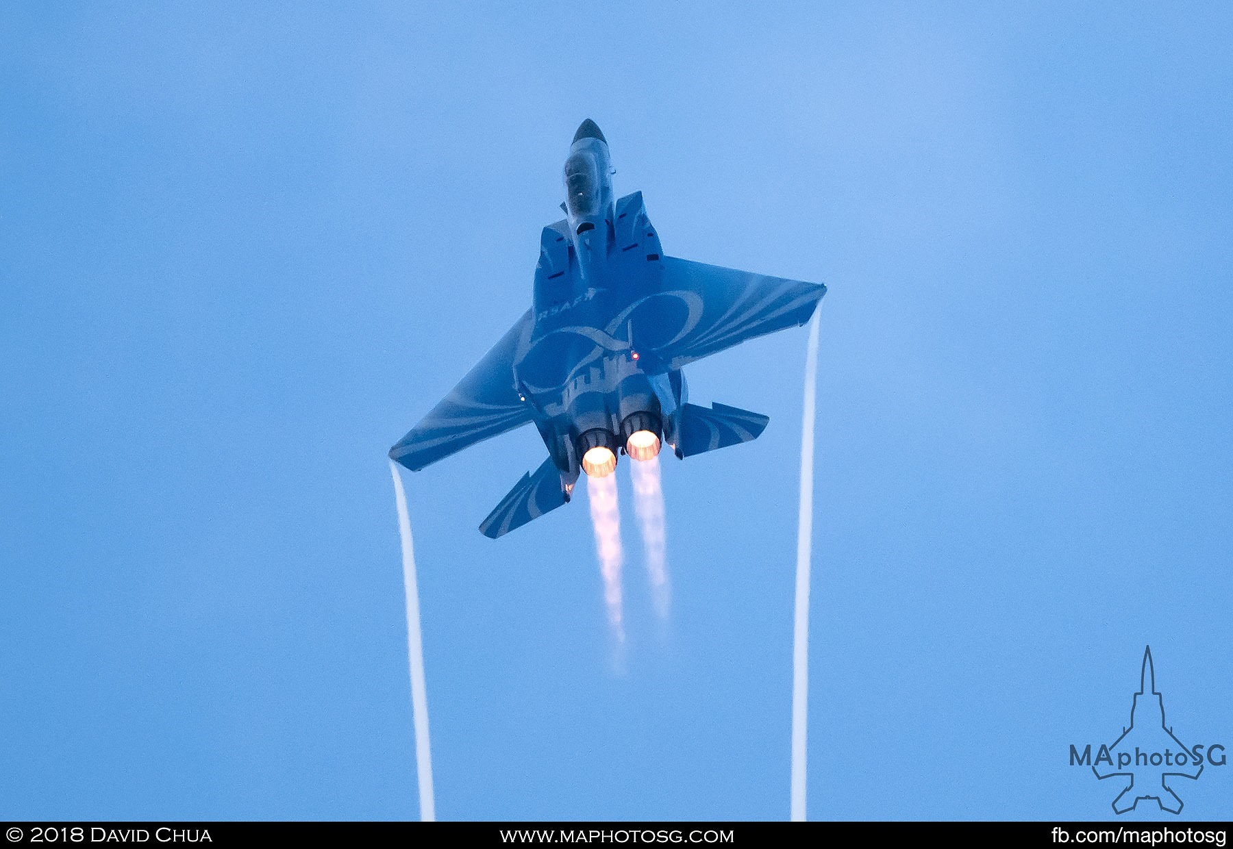 1905 – Ending the aerial display segment. RSAF50 Livery F-15SG Strike Eagle afterburner climb and exit after completing the High-G turn