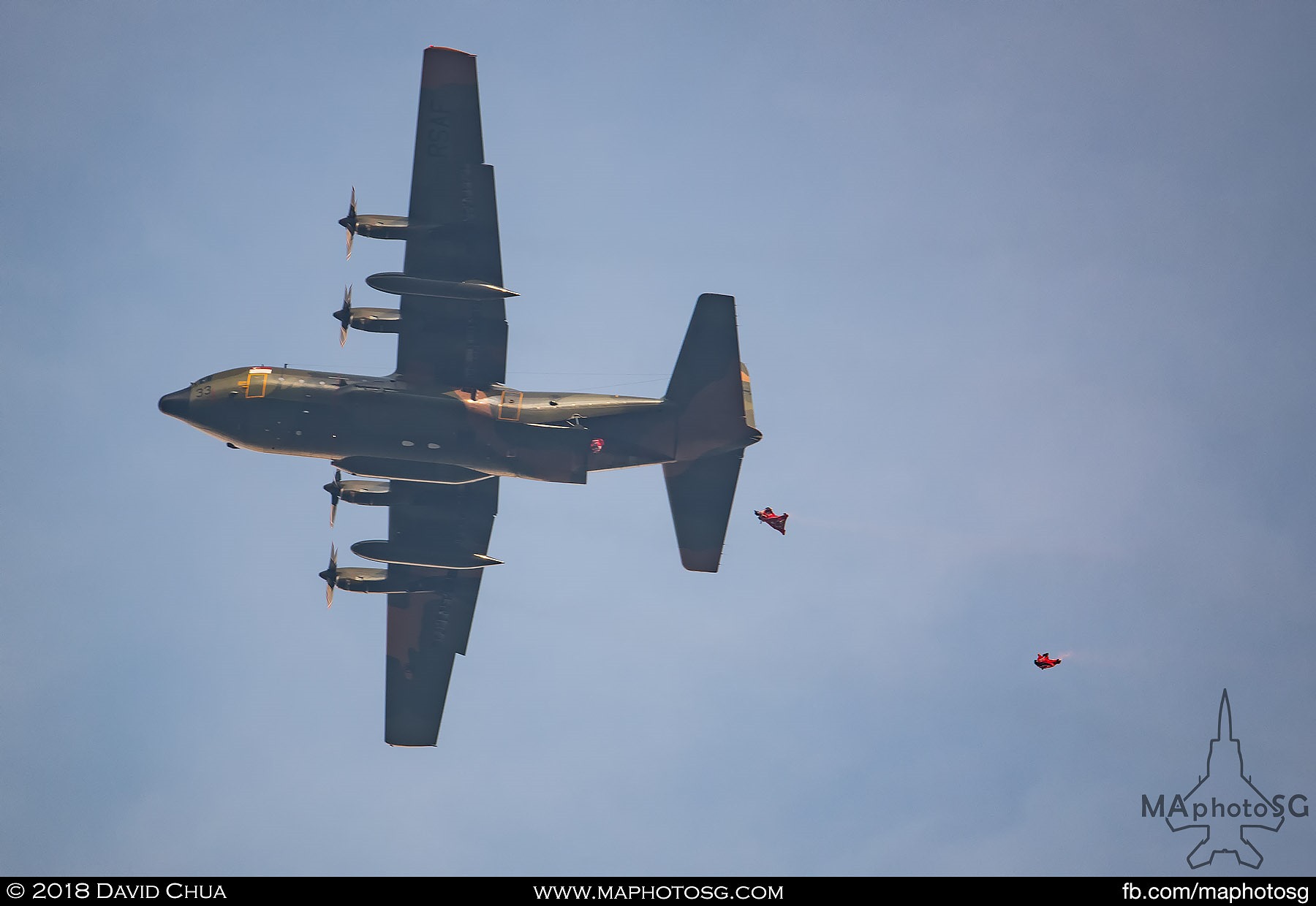 07. Red Lions deploying from a RSAF C-130H Hercules aircraft at 3800m performing a wingsuit jump. 