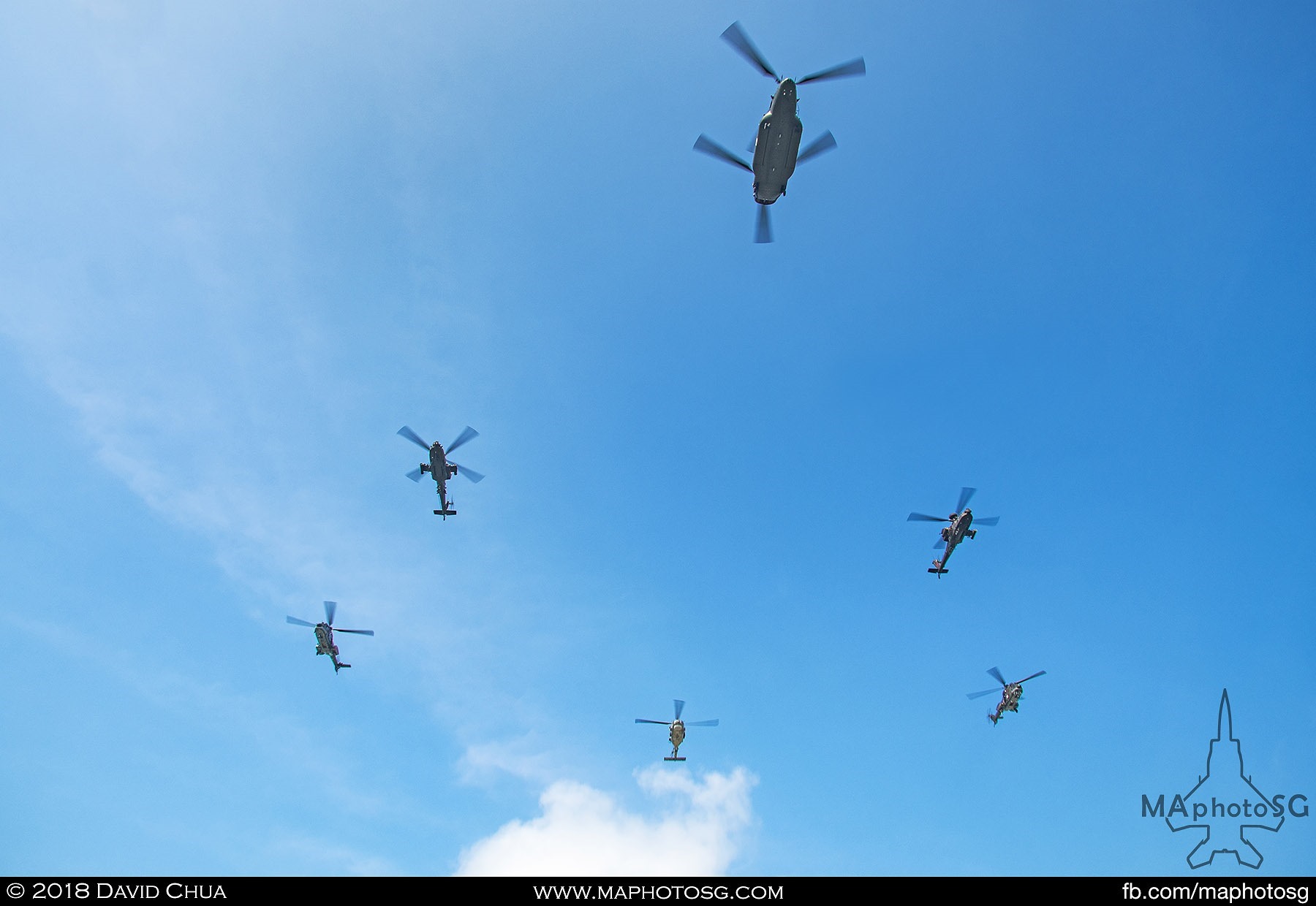 Helicopter Formation comprised of 1 CH-47D Chinook, 2 AH-64 Apaches, 2 AS332M Super Pumas and 1 S-70B Seahawk