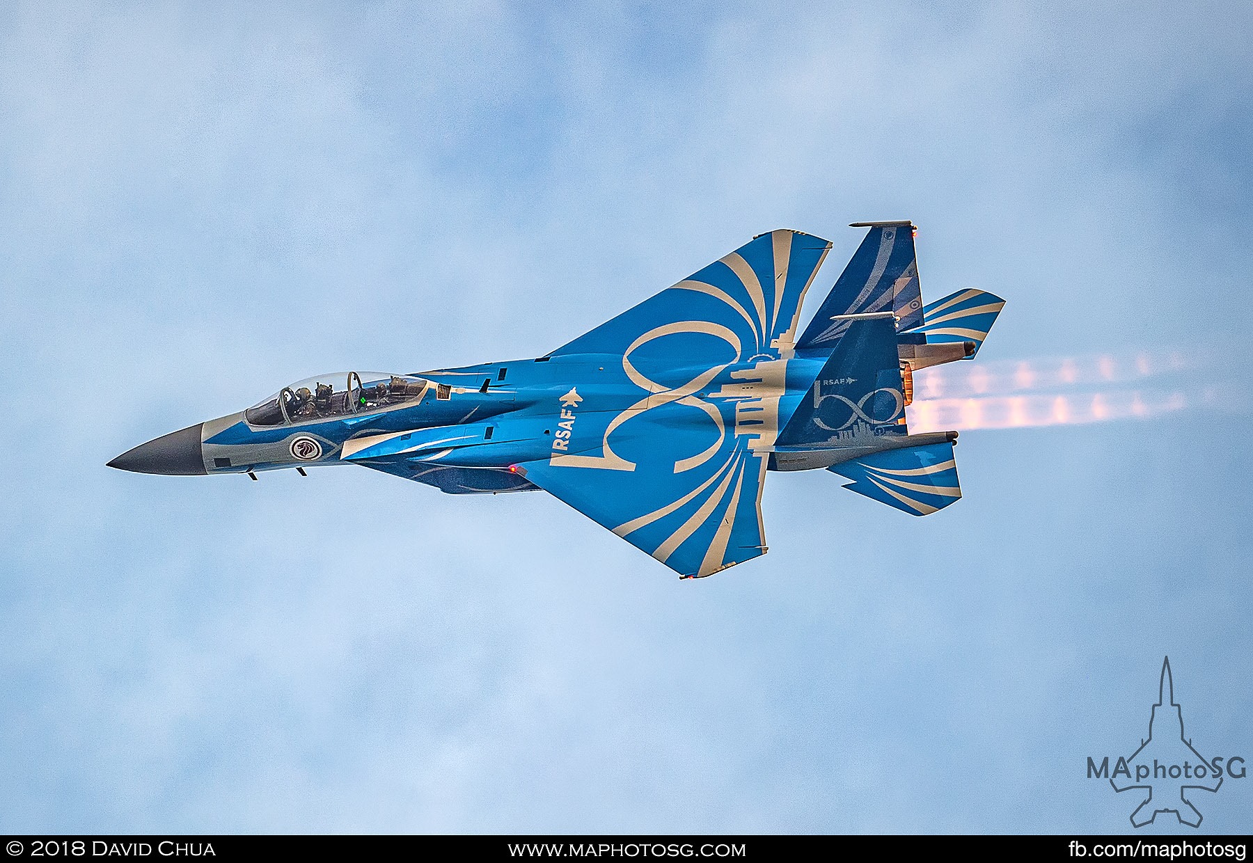 32. RSAF50 Special Livery F-15SG Strike Eagle performs a High-G turn followed by a vertical climb in full afterburners as a finale to the aerial display.